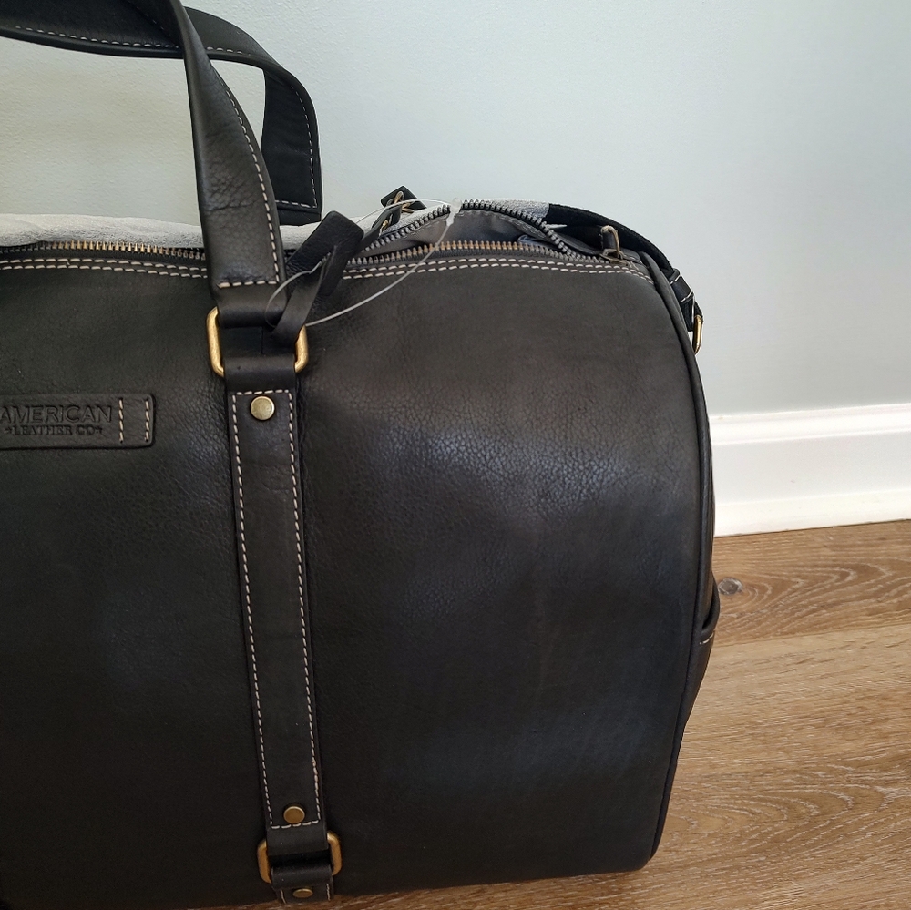 American Leather Co. Arlington Weekender Zip Shoulder Bag Black Smooth NWT - Picture 4 of 11